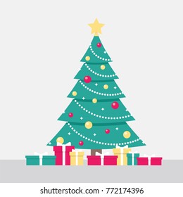 Christmas (New Year) Tree with a Star, Beads, Toys and Colorful Gift Boxes Vector Illustration