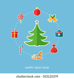 Christmas and New Year tree. Vector illustration. Flat design.