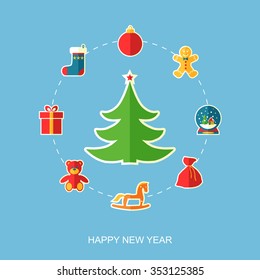 Christmas and New Year tree. Vector illustration. Flat design.

