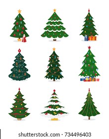 Christmas New Year tree vector icons with ornament star xmas gift design holiday celebration winter season party plant.