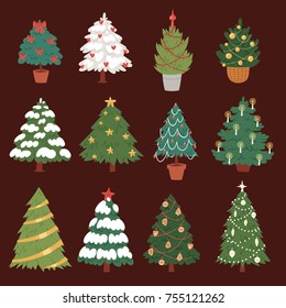 Christmas New Year tree vector icons with ornament star xmas gift design holiday celebration winter season party small tree plant. Vector ball season decorative shiny festive bright card symbol.