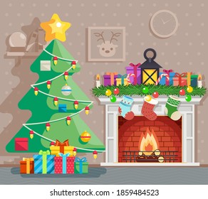 Christmas new year tree winter holiday room fireplace background design flat vector illustration