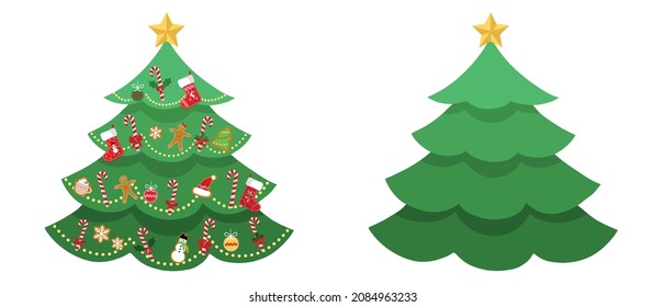 Christmas and New Year trees with  holiday decorations and tree without. isolated on white  background. Can be used easily for celebration cards or banner designs or for any other use.