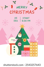 Christmas new year Tree,Santa,Snowman,Gift winter holiday invitation cards with xmas decoration. Vector illustration posters in flat style