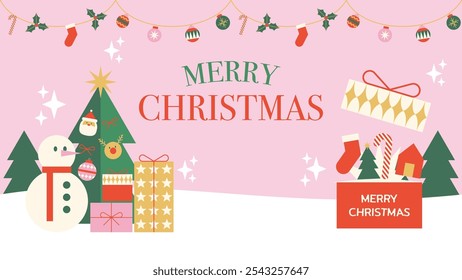 Christmas new year Tree,Santa,Snowman,Gift winter holiday banner with xmas decoration. Vector illustration posters in flat style
