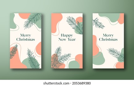 Christmas and New Year Trendy Editable Templates Set. Abstract Shapes and Hand Drawn Pine Spruce Branches for Social Networks Stories. Social Media Holidays Greetings Cards or Banners Collection.