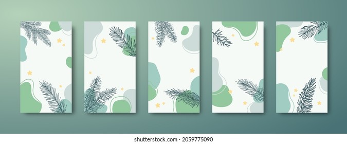Christmas, New Year Trendy Editable Stories Templates Set. Abstract Shapes and Pine Spruce Branches for Social Networks Backgrounds. Social Media Holiday Greeting Cards or Banners Collection.