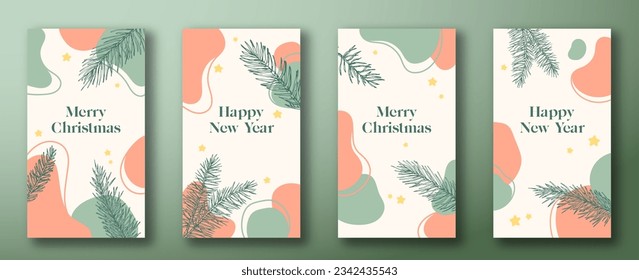 Christmas and New Year Trendy Editable Templates Set. Abstract Shapes and Hand Drawn Pine Spruce Branches for Social Networks Stories. Social Media Holidays Greetings Cards or Banners Collection.