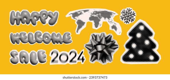 Christmas and New Year trendy halftone icons, collage of vintage 90s style of paper magazine clippings. Composed of big amount of circles. Vector illustration