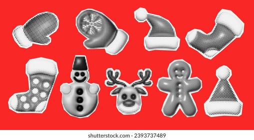 Christmas and New Year trendy halftone icons, collage of vintage 90s style of paper magazine clippings. Composed of big amount of circles. Vector illustration