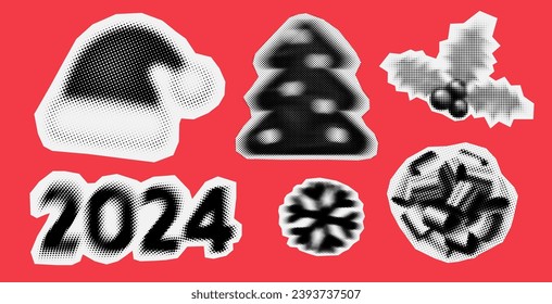 Christmas and New Year trendy halftone icons, collage of vintage 90s style of paper magazine clippings. Composed of big amount of circles. Vector illustration