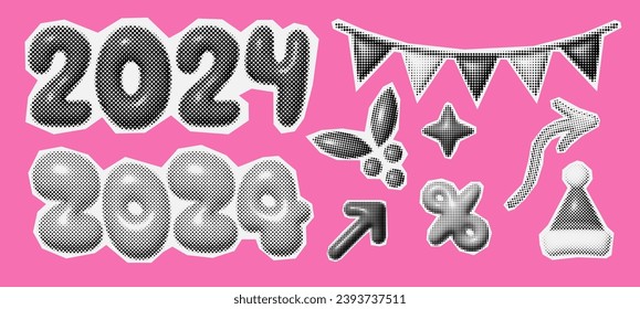 Christmas and New Year trendy halftone icons, collage of vintage 90s style of paper magazine clippings. Composed of big amount of circles. Vector illustration