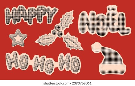 Christmas and New Year trendy halftone icons, collage of vintage 90s style of paper magazine clippings. Composed of big amount of circles. Vector illustration
