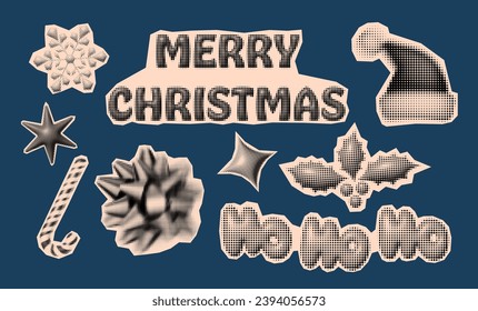 Christmas and New Year trendy halftone icons, collage of vintage 90s style of paper magazine clippings. Composed of big amount of circles. Vector illustration