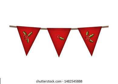 Christmas and new year. Triangle flag garland. Red holly decoration. Vector illustration.
