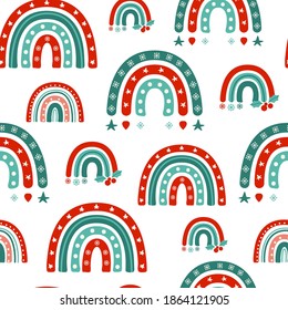 Christmas or New Year turquoise rainbow seamless pattern, childish cartoon rainbow in festive colors on white, nursery digital paper or kids vector background for wrapping, textile, scrapbook