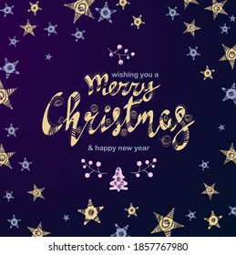Christmas and New Year Typographic on a shiny Xmas background with a stars. Merry Christmas postcard. Banner, poster design element. Vector illustration