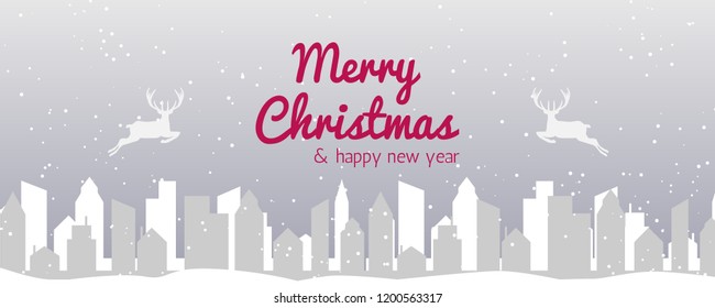 Christmas and New Year Typographical Christmas background with winter city,deers and snowflakes. Vector Illustration, eps 10.