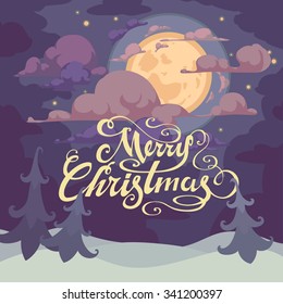 Christmas And New Year Typographical Background With Winter Landscape and merry christmas lettering
