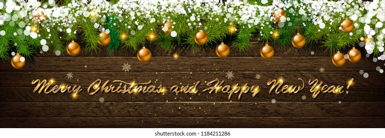 Christmas and New Year typographical on holiday background with Xmas decoration, branch of fir tree and snow. Merry Christmas and Happy New Year theme