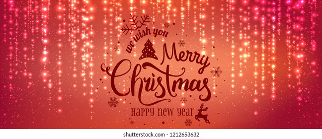 Christmas and New Year typographical on red background with sparking, light, stars. Glowing glitter light effects. Xmas card. Vector Illustration