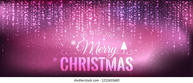 Christmas and New Year typographical on purple background with sparking, light, stars. Glowing glitter light effects. Xmas card. Vector Illustration