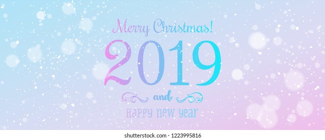 Christmas and New Year Typographical on snowy Xmas background with snowflakes, light, stars. Merry Christmas card. Vector Illustration