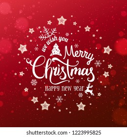Christmas and New Year Typographical on red Xmas background with snowflakes, light, stars. Merry Christmas card. Vector Illustration
