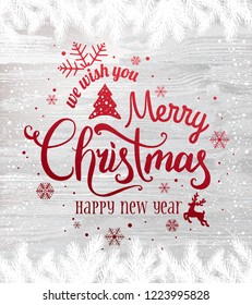 Christmas and New Year typographical on wooden background with winter fir branches with snowflakes, light, stars. Xmas card. Vector Illustration