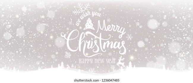 Christmas and New Year Typographical on shiny Xmas background with winter landscape with snowflakes, light, stars. Merry Christmas card. Vector Illustration