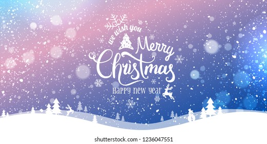 Christmas and New Year Typographical on snowy Xmas background with winter landscape with snowflakes, light, stars. Merry Christmas card. Vector Illustration