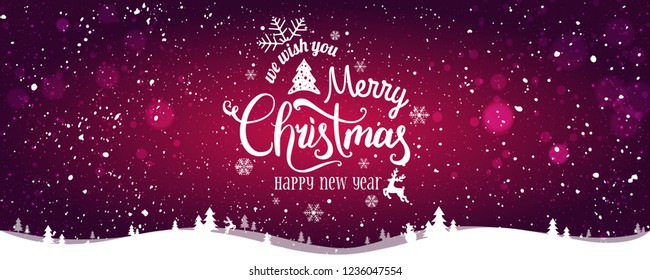 Christmas and New Year Typographical on snowy Xmas background with winter landscape with snowflakes, light, stars. Merry Christmas card. Vector Illustration