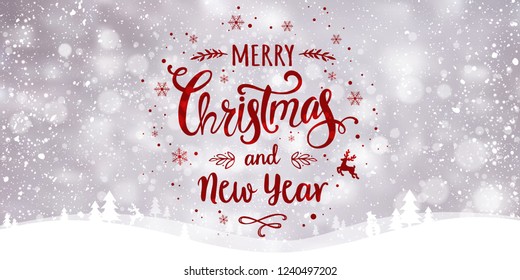 Christmas and New Year Typographical on snowy Xmas background with winter landscape with snowflakes, light, stars. Merry Christmas card. Vector Illustration