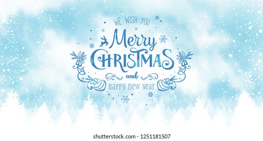 Christmas and New Year Typographical on snowy Xmas background with winter landscape with snowflakes, light, stars. Merry Christmas card. Vector Illustration