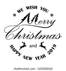Christmas and New Year Typographical on shiny Xmas background with winter landscape with snowflakes, light, stars. 
  Merry Christmas card. Vector Illustration