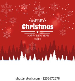 Christmas and New Year Typographical on shiny Xmas background with winter landscape with snowflakes, light, stars. Merry Christmas card. Vector Illustration - Vector