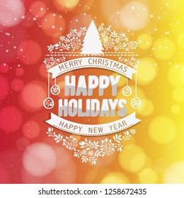 Christmas and New Year Typographical on shiny Xmas background with winter landscape with snowflakes, light, stars. Merry Christmas card. Vector Illustration - Vector