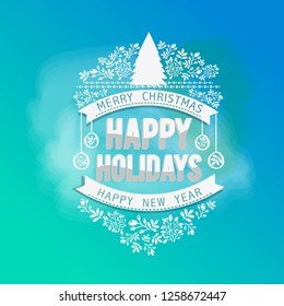 Christmas and New Year Typographical on shiny Xmas background with winter landscape with snowflakes, light, stars. Merry Christmas card. Vector Illustration - Vector