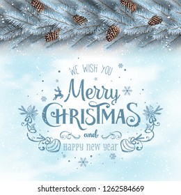 Christmas and New Year Typographical on white snowy background with silver fir branches, pine cones. Xmas  and New Year theme. Vector Illustration