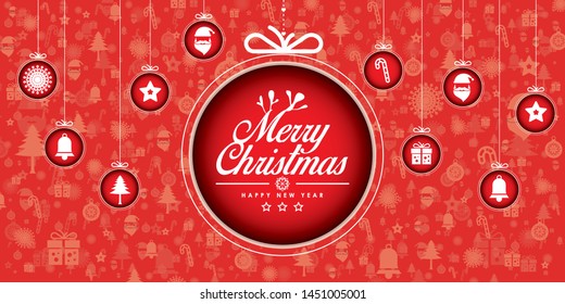 Christmas and New Year typographical on red background with balls and icons