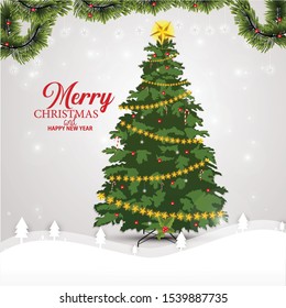 Christmas and New Year Typographical on shiny Xmas background with winter landscape with snowflakes, 