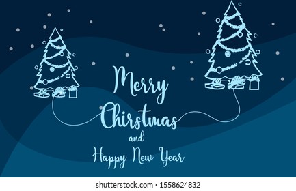 Christmas and New Year Typographical on shiny Xmas background with winter landscape with snowflakes, light, stars. Merry Christmas card. Vector Illustration