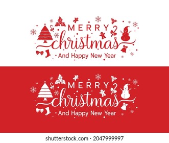 Christmas and New Year Typographical on Xmas background with winter landscape with snowflakes, light, stars,stocking,tree. Merry Christmas card. Vector Illustration