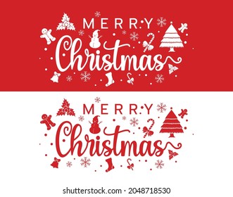 Christmas and New Year Typographical on Xmas background with winter landscape with snowflakes, light, stars,stocking,tree. Merry Christmas card. Vector Illustration