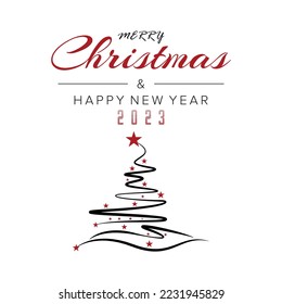 Christmas and New Year Typographical on shiny Xmas background with winter landscape with snowflakes, light, stars. Merry Christmas card. Vector Illustration 2023