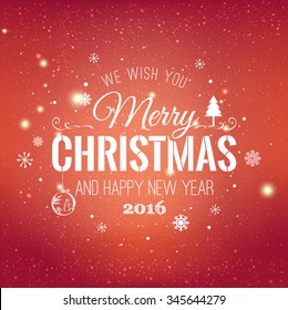 Christmas And New Year Typographical on shiny Xmas background with snowflakes, light, stars. Vector Illustration. Xmas card