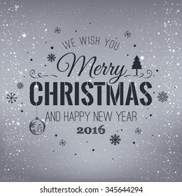 Christmas And New Year Typographical on shiny Xmas background with snowflakes, light, stars. Vector Illustration. Xmas card