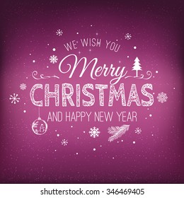 Christmas And New Year Typographical on purple Xmas background with snowflakes, light, stars. Vector Illustration. Xmas card