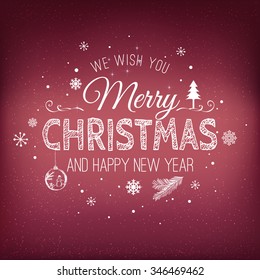 Christmas And New Year Typographical on Red Xmas background with snowflakes, light, stars. Vector Illustration. Xmas card