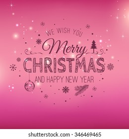 Christmas And New Year Typographical on pink Xmas background with snowflakes, light, stars. Vector Illustration. Xmas card
